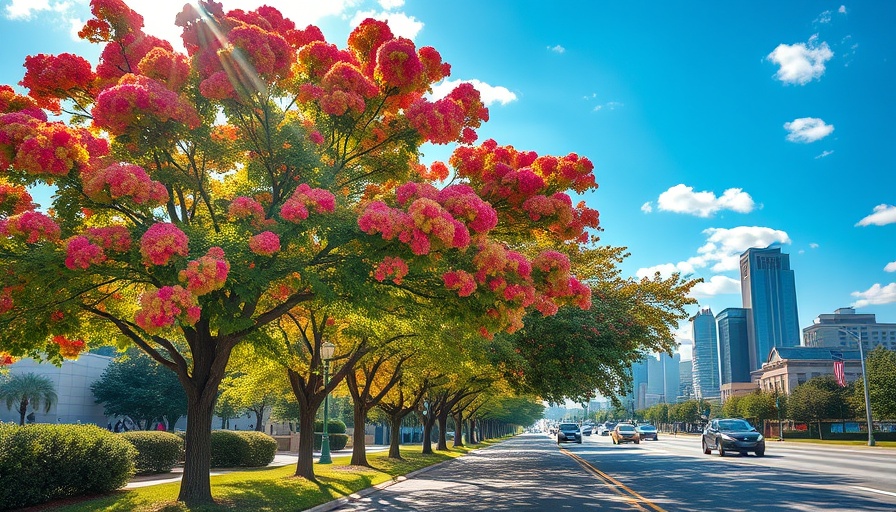Raleigh skyline with crepe myrtle trees along a road, new home listings view.