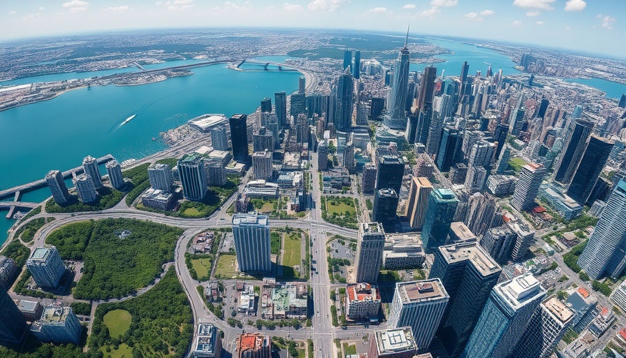 Aerial view of coastal city skyline, lush greenery.