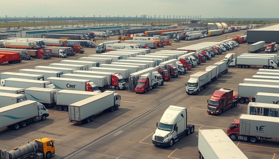 Aerial view of a busy logistics truck yard with trailers.