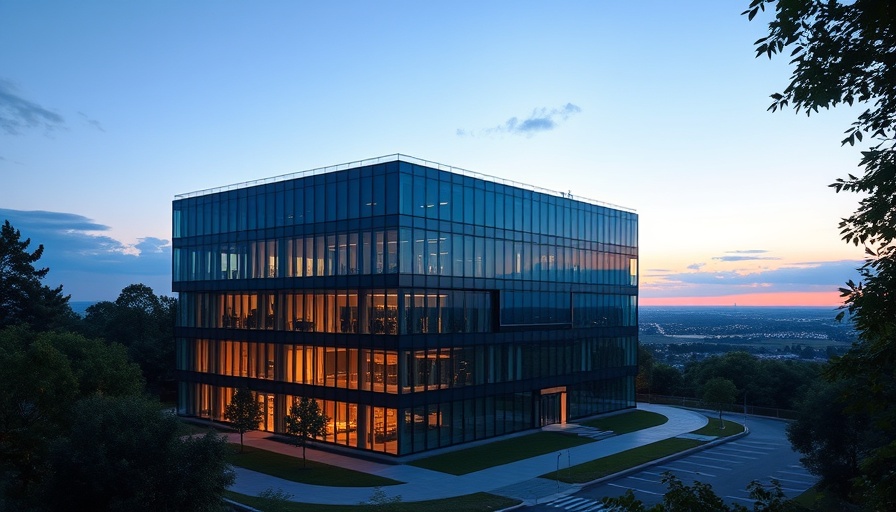 Astemo US Subsidiary $95M HQ near Detroit at dusk, modern glass building.