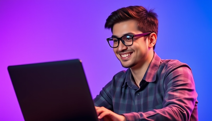Young man using laptop with pgdl9sv6sq3 text in colorful background.