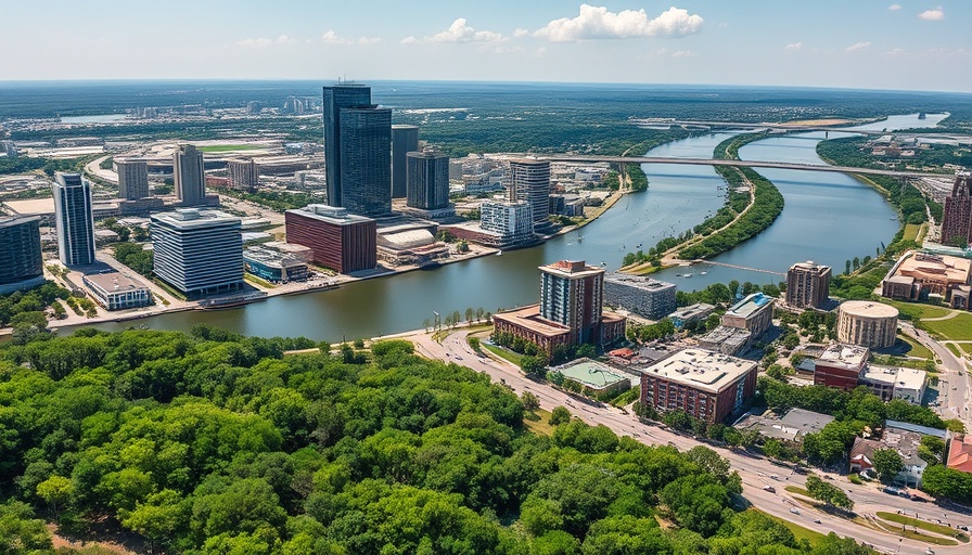 Aerial view of Jacksonville skyline and river.