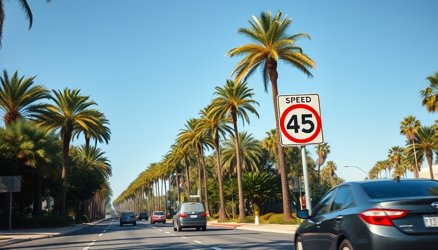 Speed limit sign 45, cars, sunny street, palm trees.