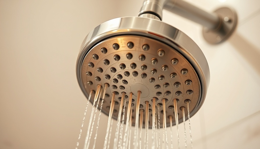 Close-up of a mineral deposit-covered shower head in a bathroom.
