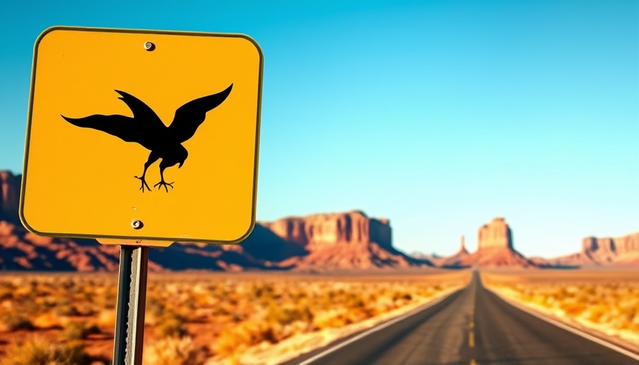 Yellow bird road sign on desert highway, strange traffic laws.
