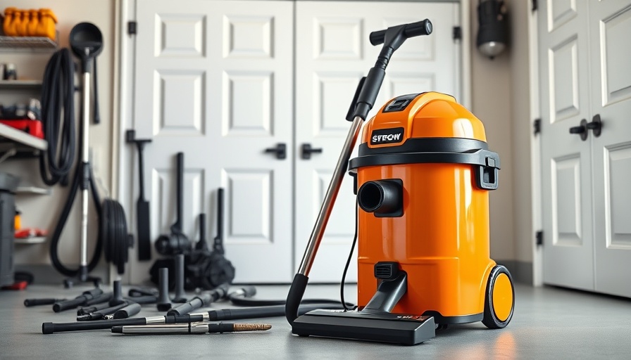 Bright orange shop vacuum cleaner with attachments in garage background for DIY projects.