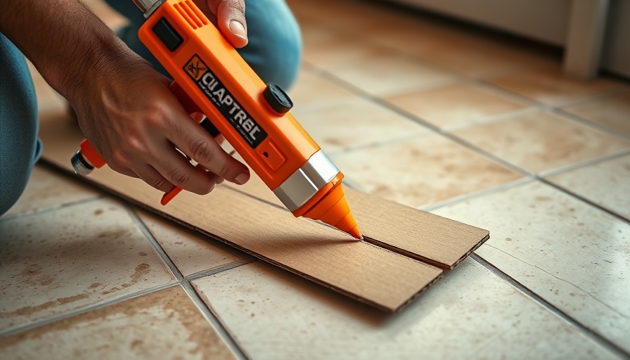 Using a caulk gun on cardboard in a tiled setting.