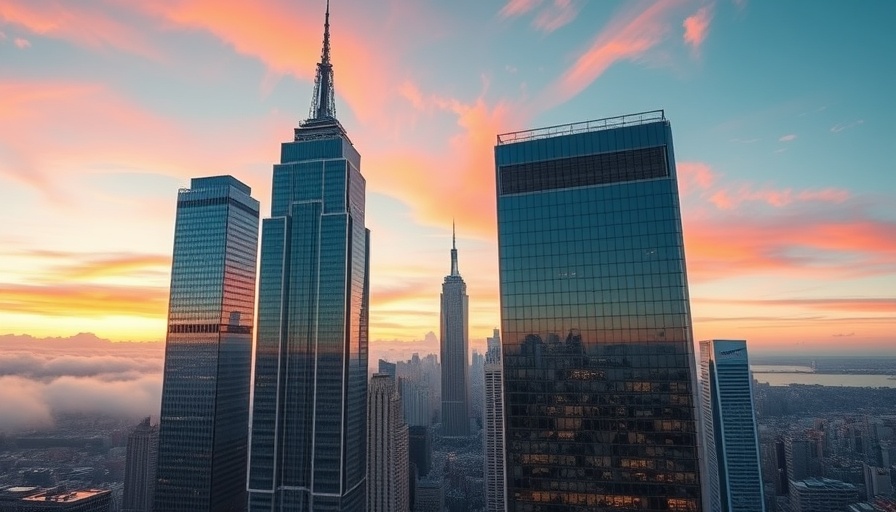 Skyscrapers in Downtown Manhattan under pastel sky.