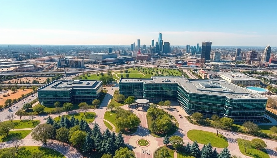 Aerial view of modern Dallas business complex with city skyline.