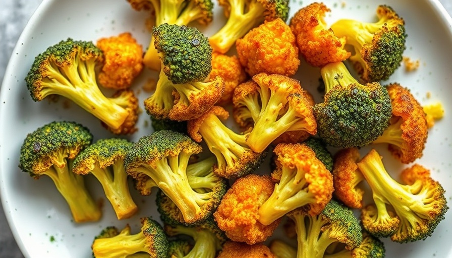 Perfectly air fried broccoli on a white plate, top view.