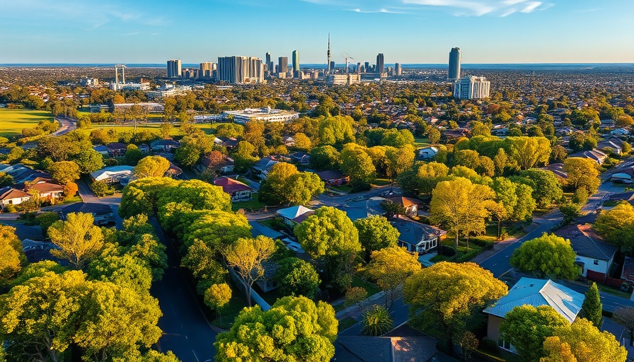 Aerial view of Adelaide suburbs with city skyline, showcasing residential areas.