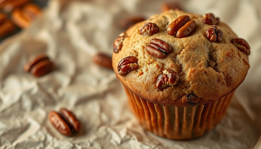 Healthy dairy-free maple pecan protein muffin close-up with pecans.