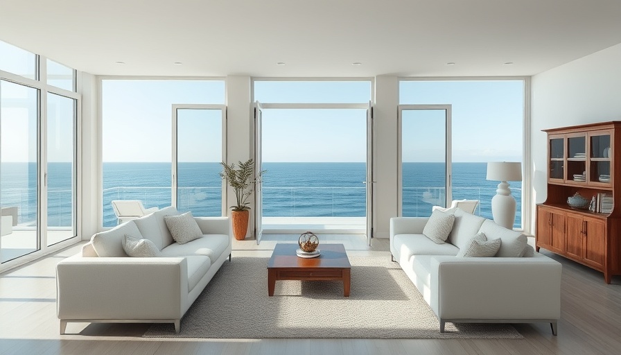Coastal living room with expansive ocean views, bright and elegant.