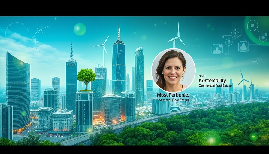 Sustainability in commercial real estate, city skyline with eco-friendly icons.