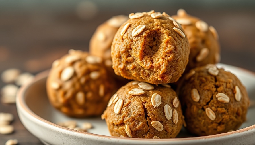 Close-up of pumpkin pie protein bites with oats on a plate.