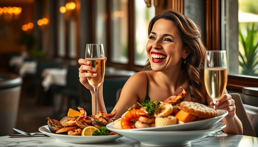 Hugo's Seafood Bar event, woman enjoying seafood platter and champagne.