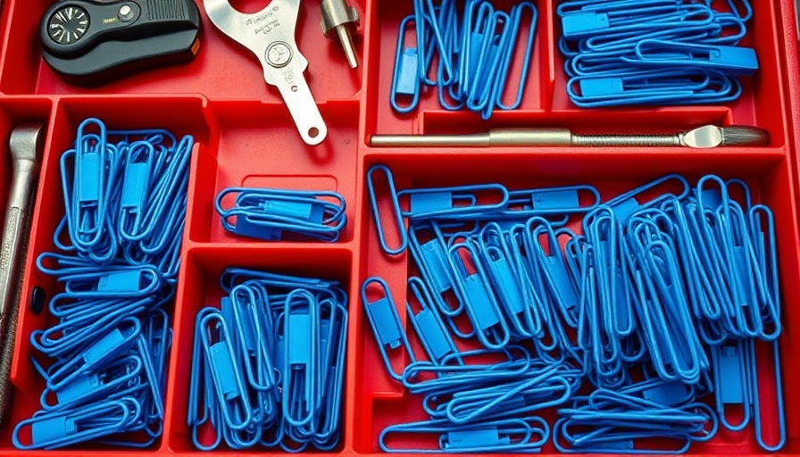 Paper clip hacks: organized toolbox with blue paper clips and tools.