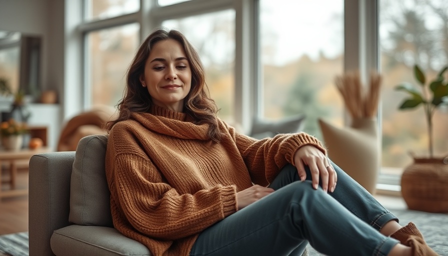 Woman in fall fashion under $200, sitting in cozy room with large windows.