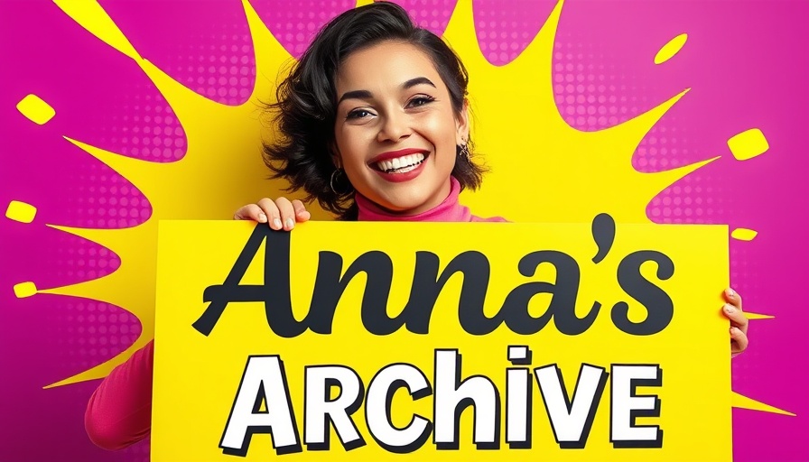 Cheerful woman with 'Anna's Archive' sign in pop-art style.
