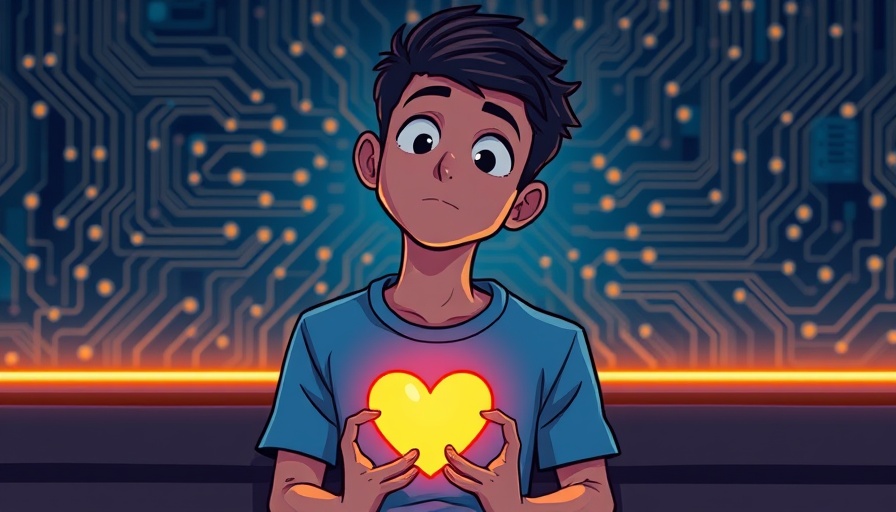 Thoughtful young man with heart symbol in digital circuit setting, why AI can never replace us.