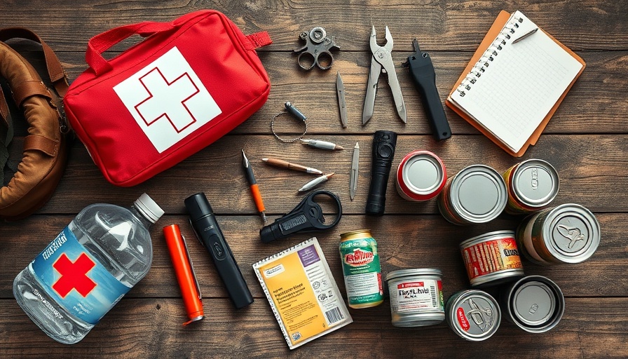 Essential bug-out bag items on wooden surface.