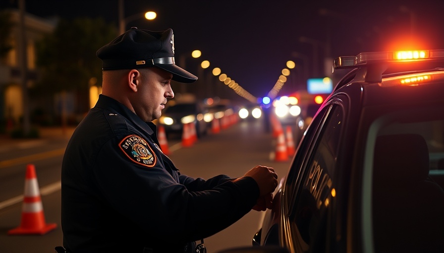Sacramento DUI checkpoint police officer checking driver's sobriety at night.