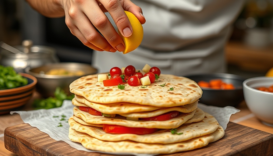 Lahmacun preparation with lemon squeeze in kitchen setting.