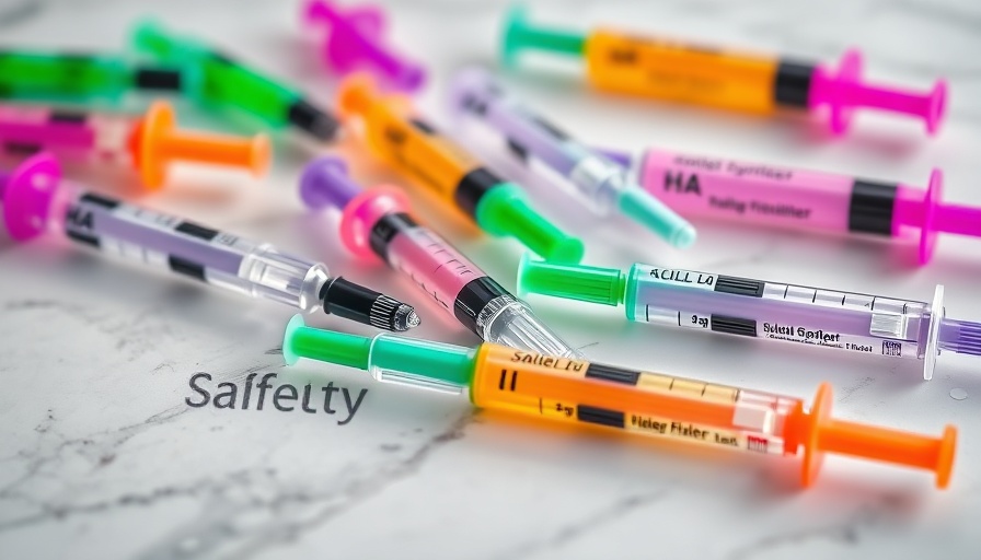 Colorful HA filler syringes on marble surface with safety text.
