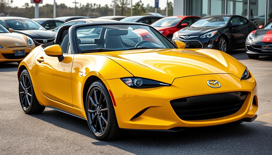 Vibrant yellow Miata parked at dealership.