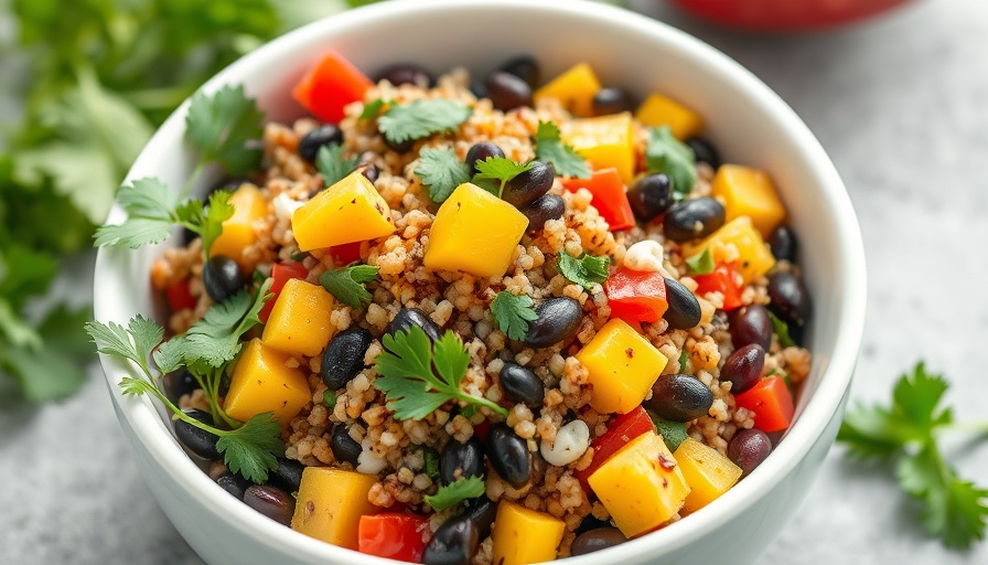 Quinoa black bean mango salad in a bowl with fresh cilantro.