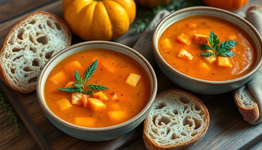 Three bowls of fall soup with bread on a table, fall soup recipes.