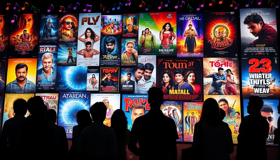 Vibrant collage of Tamil cinema posters with silhouettes in a cinematic setting.