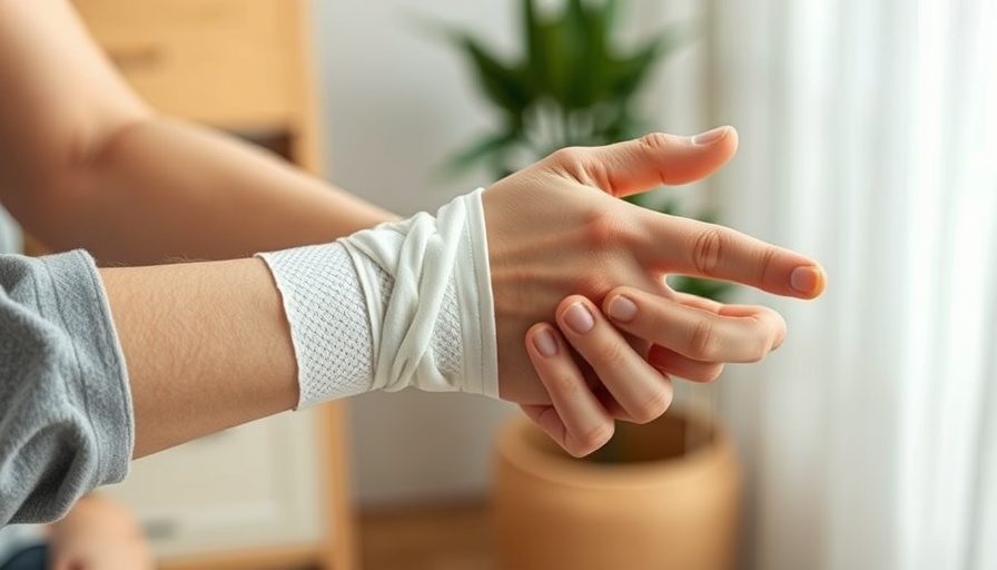 Hands bandaging forearm, 3D printed skin trial care, natural setting