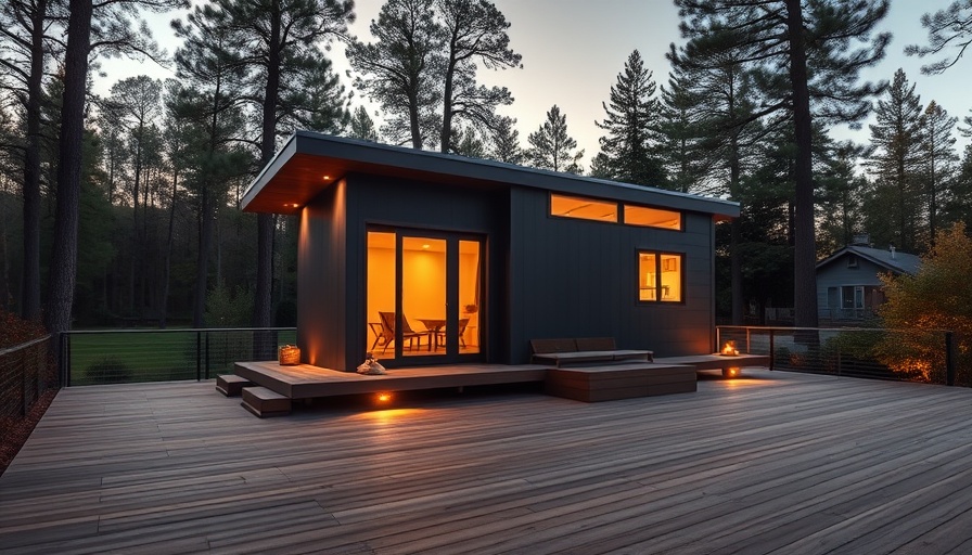 Affordable Tiny Home on a wooden deck with sunset lighting