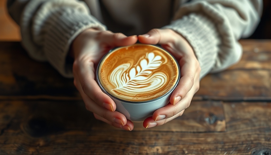 Elegant latte art on coffee held by hands, coffee boosts healthy aging.