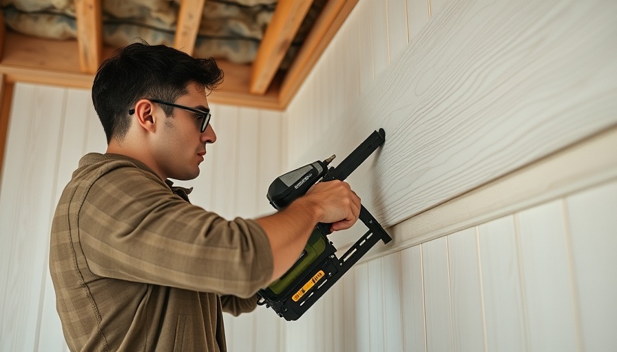 Beadboard wall paneling installation tips: worker with nail gun.