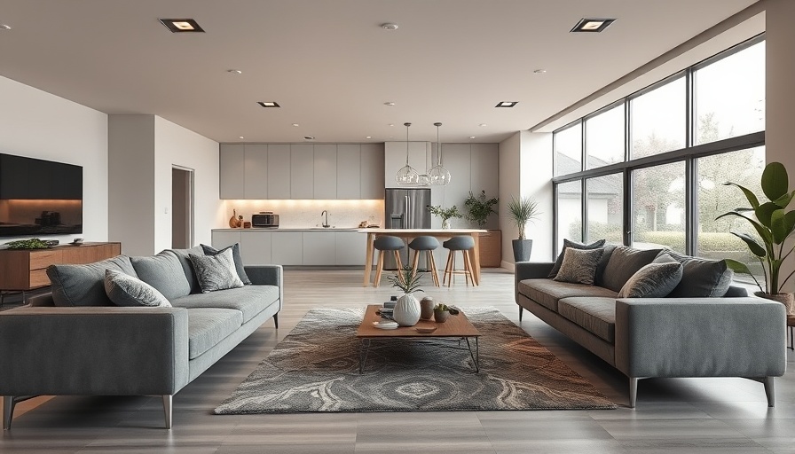 Modern living room and kitchen showcasing sustainable living features