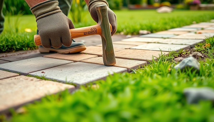Person constructing a DIY garden path with stones and hammer.