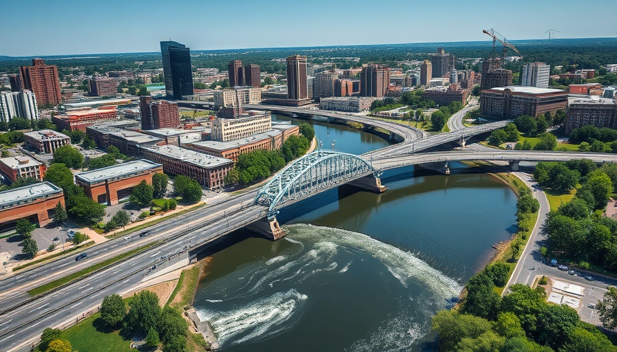 Aerial view of I Street Bridge and urban area on a clear day.