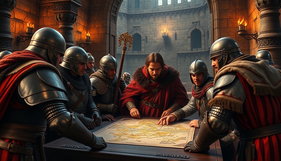 Medieval warriors and king strategizing in a vibrant, historic setting.