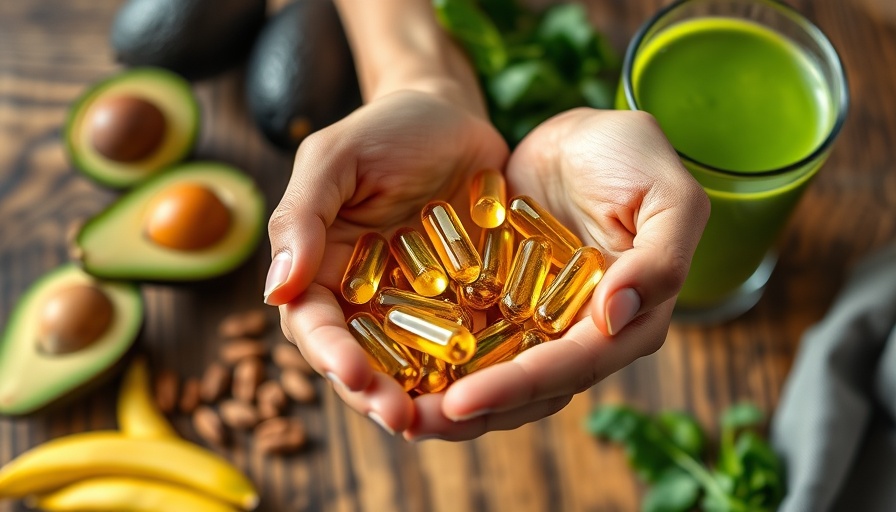 Hands holding vitamin D supplements with avocados, nuts, spinach, green smoothie.