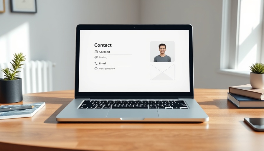 Contact DesignMode24 info displayed on a laptop screen.