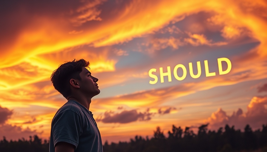 Reflective man with 'SHOULD' in sunset sky, grieving unmet expectations.