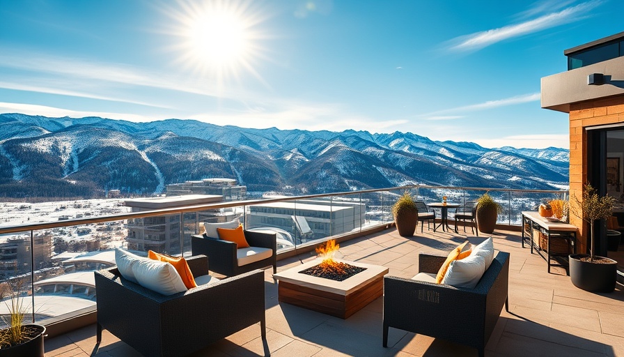 Rooftop terrace in Aspen with modern furniture, mountain view.