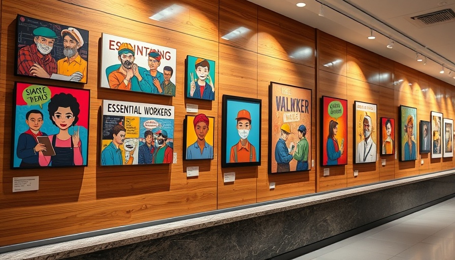 Colorful California essential workers art exhibit on wooden wall.