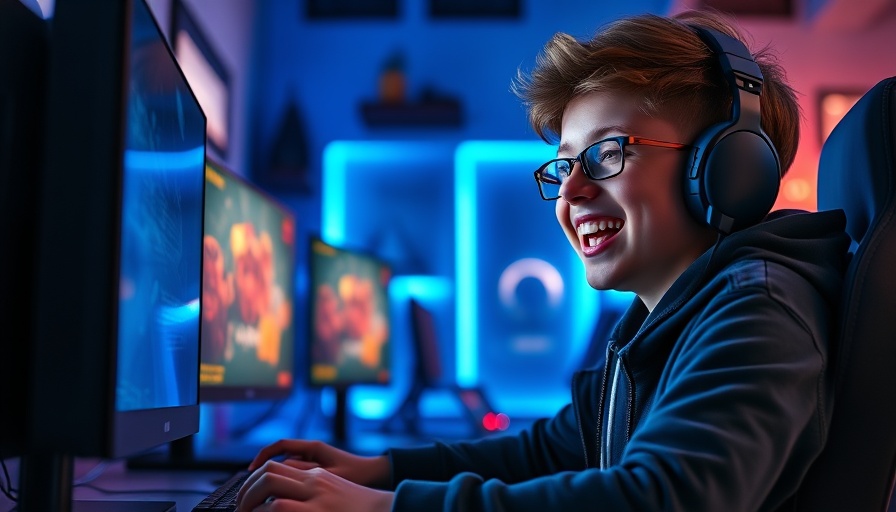 Young gamer boy enjoying a game at MyWirelessCoupons with neon lights.