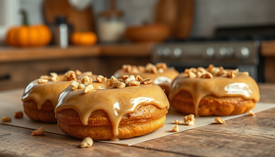 Close-up of pumpkin spice protein donuts with frosting and nuts