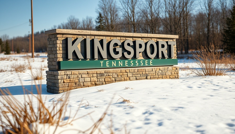 Kingsport Tennessee sign in a snowy landscape, bright morning.