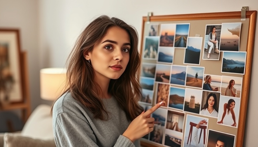 Woman creating a vision board with assorted images, cozy setting.