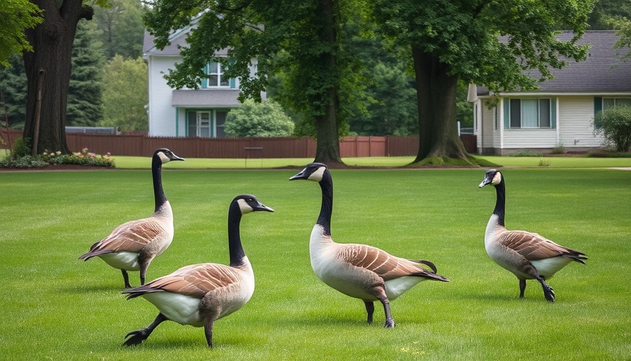 Two geese grazing in a vibrant green yard, trees in background.